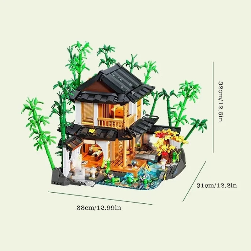 FUNWHOLE L9075 Edificio modulare stile giapponese 2432PCS 2 minifigures e Luci LED e Scatola