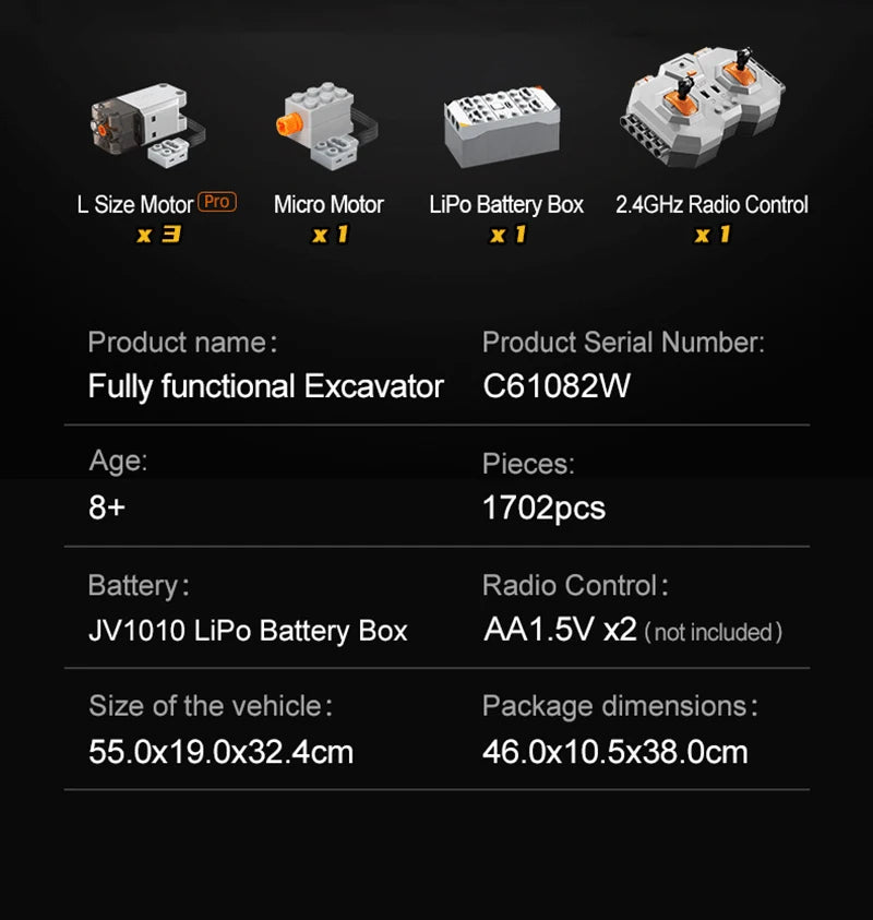 Cada C61082W Remote Control RC Escavatore  1702Pcs