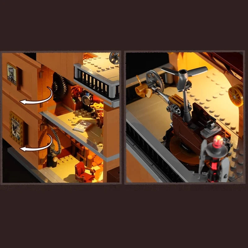 FunWhole F9050 Steampunk Club di volo, 5 minifigures Edificio modulare LUCI LED e Scatola 1858 PCS