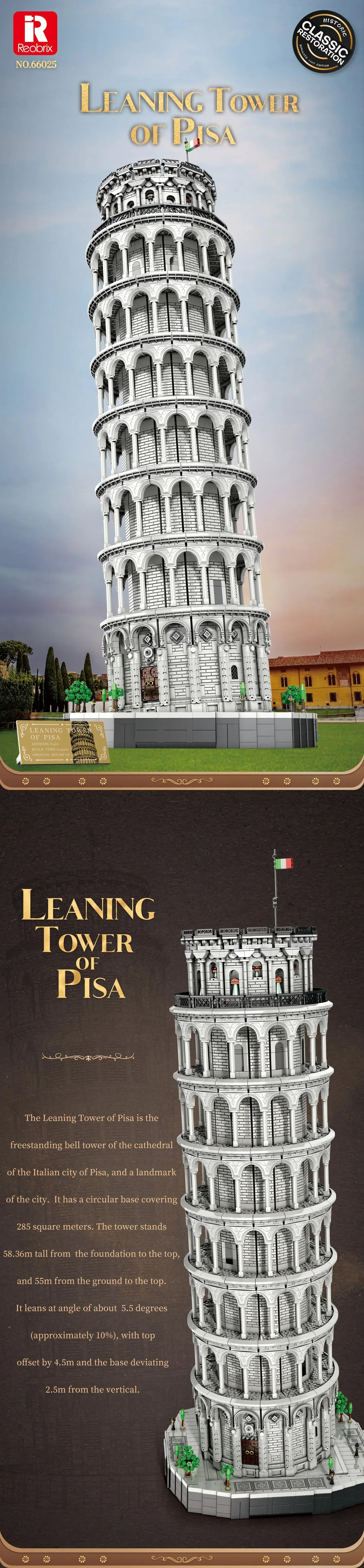 Reobrix 66025 Torre di Pisa pendente Scala 1:50 Modulare 110CM Scatola 7652PCS