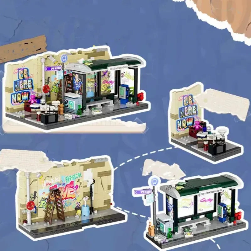 FunWhole F9066 Fermata del Bus con graffiti Modulare con luci LED e scatola 514PCS