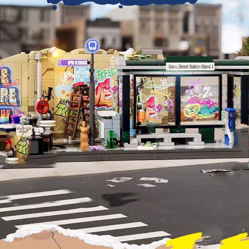 FunWhole F9066 Fermata del Bus con graffiti Modulare con luci LED e scatola 514PCS