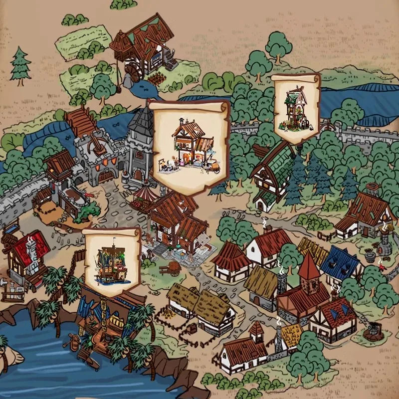 Funwhole F9038 Sartoria stile Medievale Edificio Modulare, 5 minifigures con LUCI LED e Scatola 1523PCS