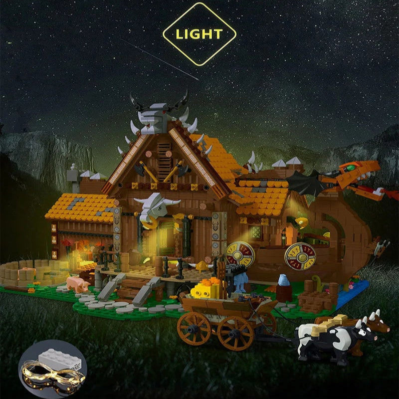 MORK 033051 MOC Medievale Viking Casa Vichinga con Drago Con Luci LED 3129PCS
