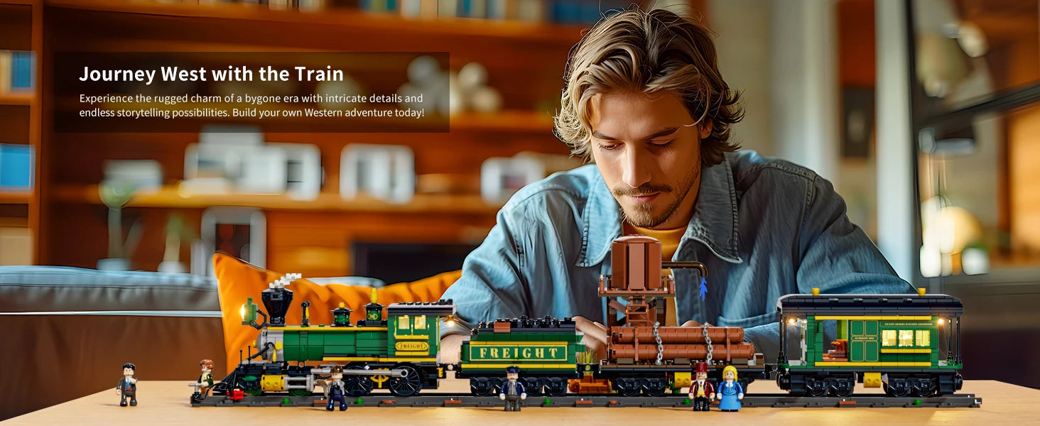 FUNWHOLE F9036 Wild West Treno Merci locomotiva con vagoni creator con Scatola e Luci LED 1524 Pcs