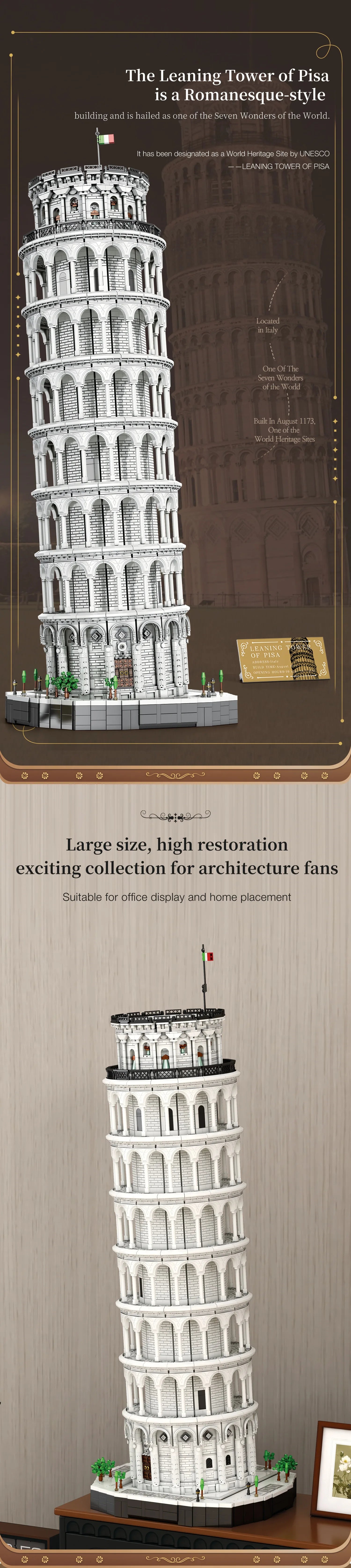 Reobrix 66025 Torre di Pisa pendente Scala 1:50 Modulare 110CM Scatola 7652PCS