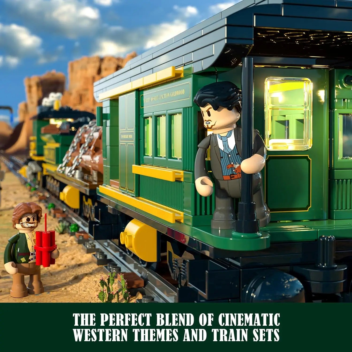 FUNWHOLE F9036 Wild West Treno Merci locomotiva con vagoni creator con Scatola e Luci LED 1524 Pcs