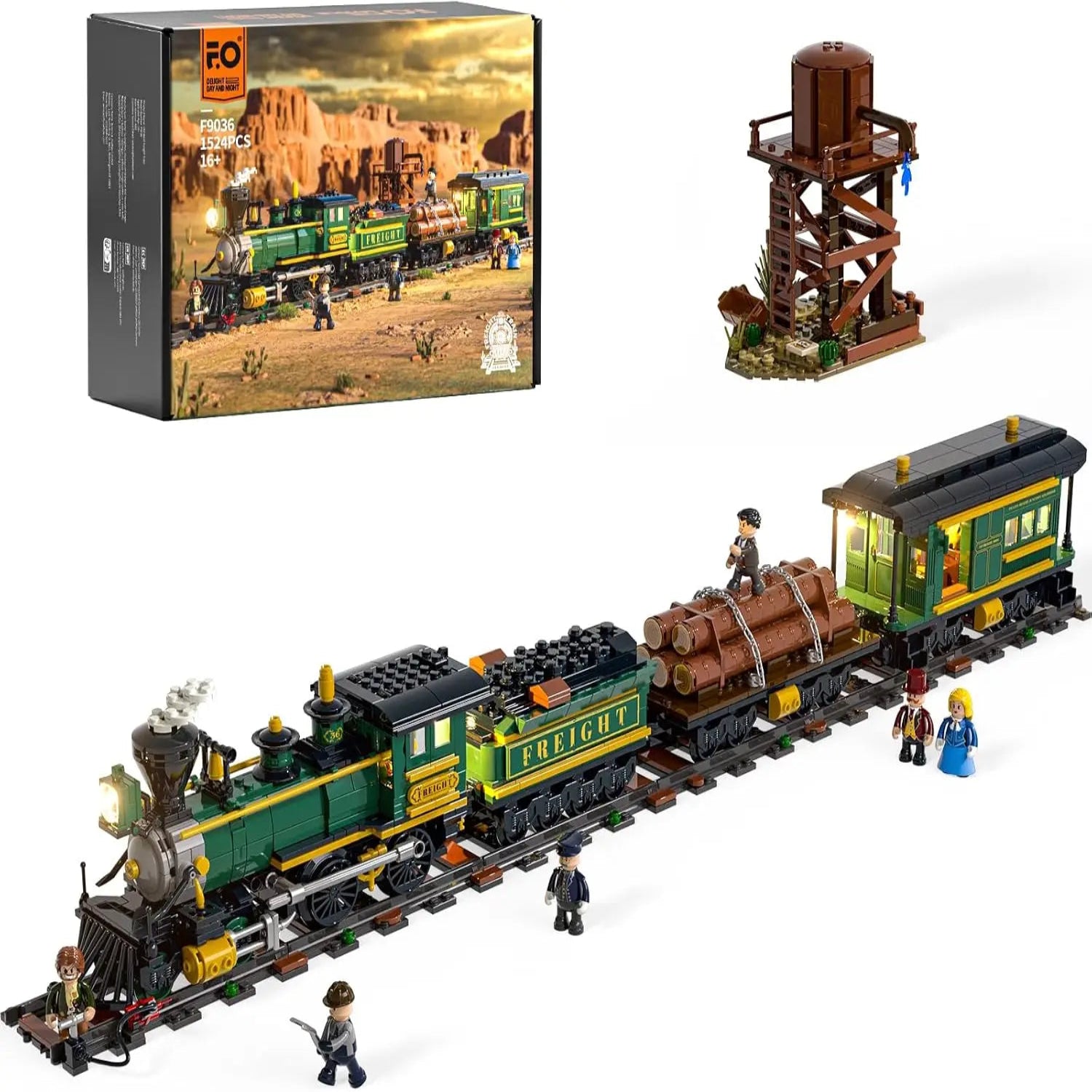 FUNWHOLE F9036 Wild West Treno Merci locomotiva con vagoni creator con Scatola e Luci LED 1524 Pcs