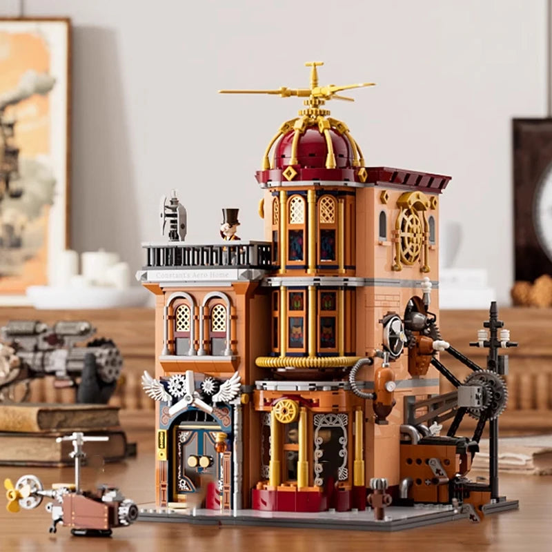 FunWhole F9050 Steampunk Club di volo, 5 minifigures Edificio modulare LUCI LED e Scatola 1858 PCS