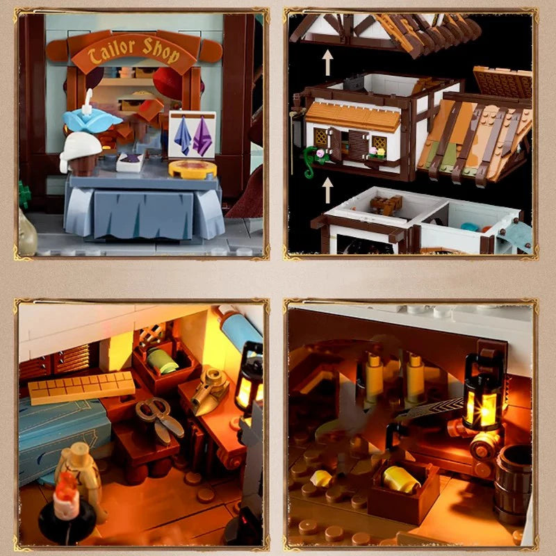 Funwhole F9038 Sartoria stile Medievale Edificio Modulare, 5 minifigures con LUCI LED e Scatola 1523PCS