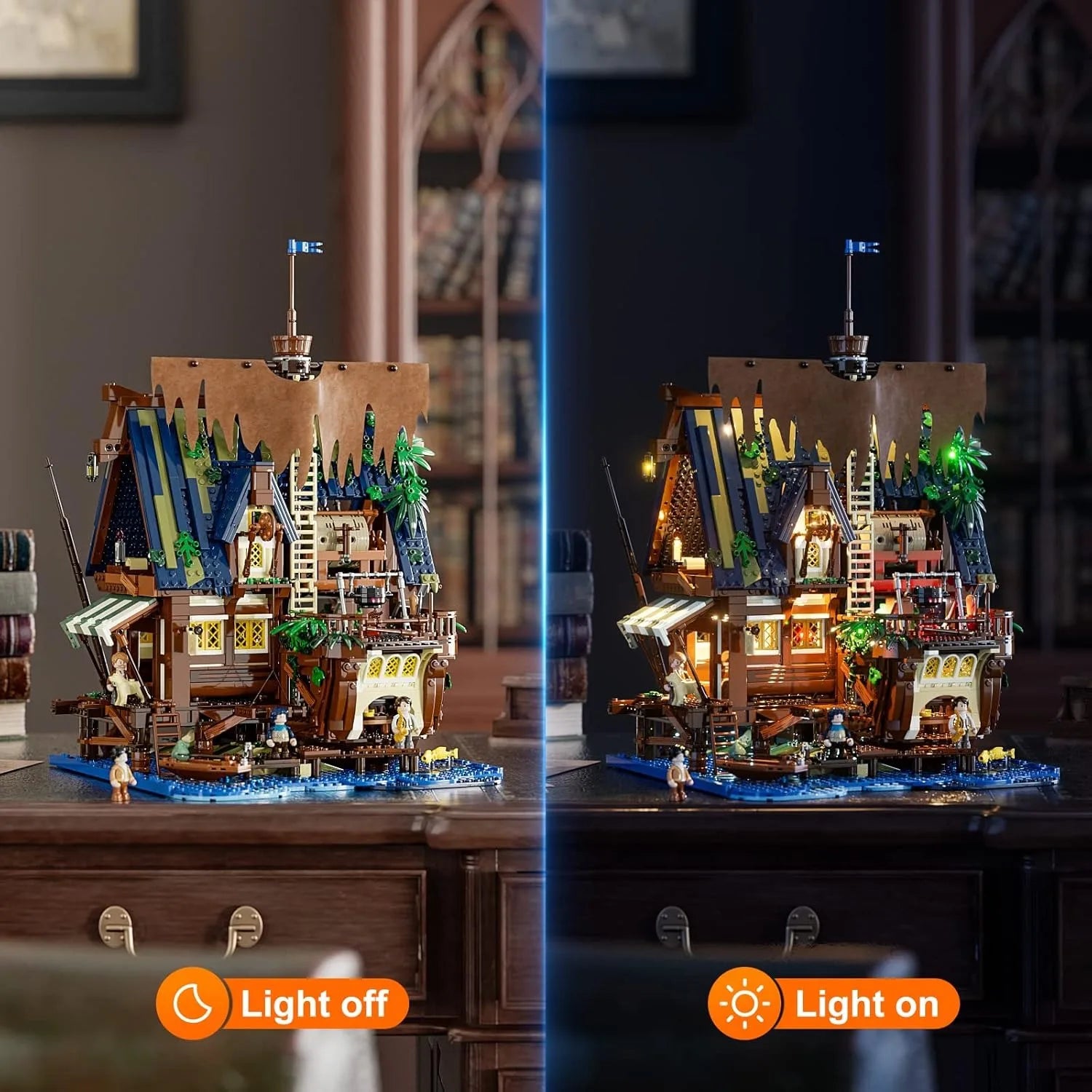 FUNWHOLE F9011 Taverna sul Molo Medievale Modulare Creator con LUCI LED 2143 PCS