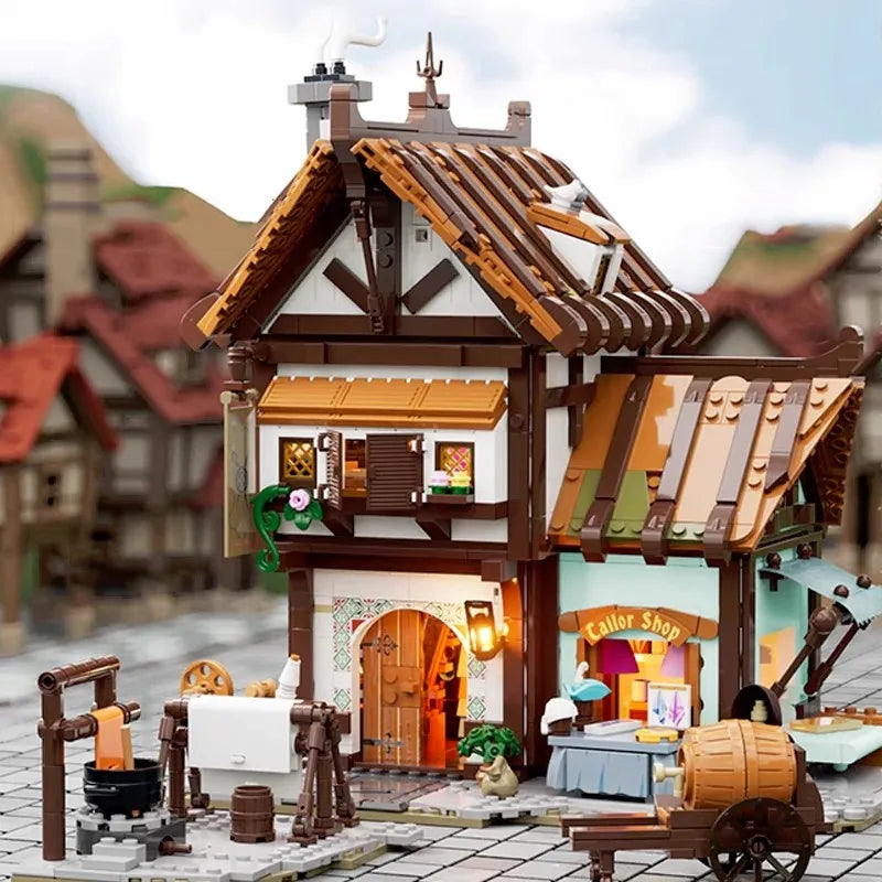 Funwhole F9038 Sartoria stile Medievale Edificio Modulare, 5 minifigures con LUCI LED e Scatola 1523PCS