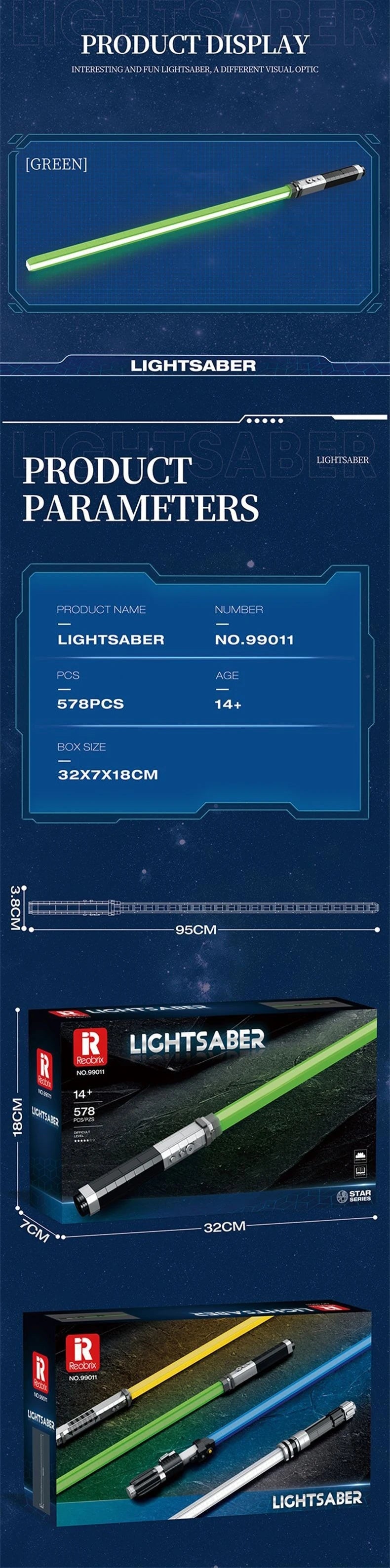 Reobrix 99010 Star Wars spada laser Gialla Verde Blu Bianca con Scatola 629 PCS