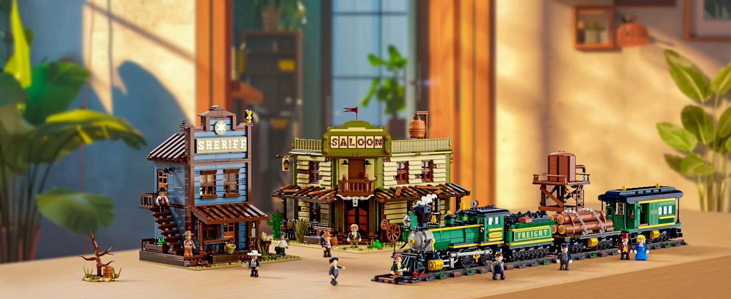 FUNWHOLE F9036 Wild West Treno Merci locomotiva con vagoni creator con Scatola e Luci LED 1524 Pcs