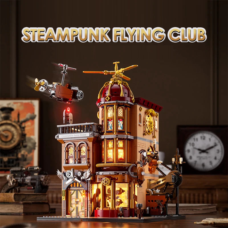FunWhole F9050 Steampunk Club di volo, 5 minifigures Edificio modulare LUCI LED e Scatola 1858 PCS